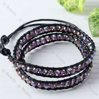 Fashion Style 4mm Crystal Glass Woven Leather Rope Wrap Ladies 
