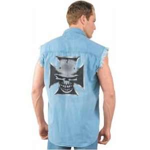 Ultimate Cycle Products Skull Iron Cross Frayed Woven Shirt , Color 