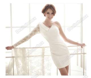  Asymmetric One shoulder Lace Sleeve Cocktail Party Mini Dresses White