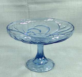   ART DECO DEPRESSION BLUE GLASS FOOTED COMPOTE BOWL FRUIT CENTERPIECE