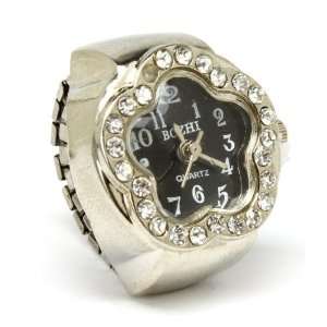  Black Face Flower Ring Watch with Ice Crystals on Adjustable Stretch 