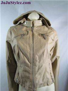 New JouJou Tan Faux Leather Zip Up Bomber Detachable Hooded Jacket 