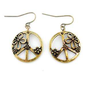 Vintage Simple Gold tone Floral Peace Sign Drop Earrings