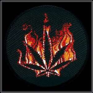  Flaming Marijuana Leaf Woven Patch 3 x 5 Aprox. Arts 