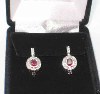 Red Ruby & Diamond Dangle Earrings 14k White Gold NEW  