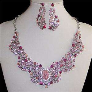 Circle Oval Wave Pink Swarovski Crystal Necklace Earring Set  