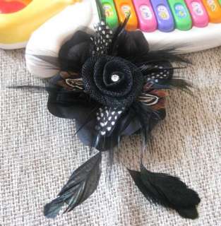 New Black Feather Silk Flower Hair clip Brooch Pin  
