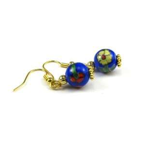   Bermuda Blue Bead Dangle Earrings with Floral Pattern Decor Jewelry