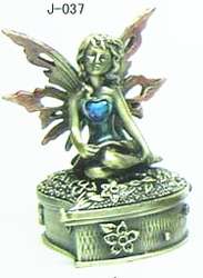 FAIRY IN BLUE ATOP A HEART SHAPED PEWTER TRINKET BOX  