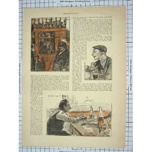  Men Drinking Bar Scene Fight France Antique Print