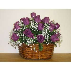 Handcrafted Mauve Roses Floral Arrangement in Round Basket with Handle 