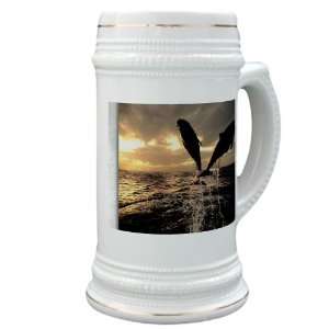   Stein (Glass Drink Mug Cup) Dolphins Flying in Sunset 