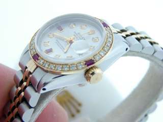 Ladies Rolex Two Tone 18k Gold/Ss Datejust Watch W/Diamonds & Rubies 