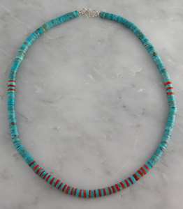  Silver Blue Turquoise & Coral Strand Necklace 18 Southwest Jewelry
