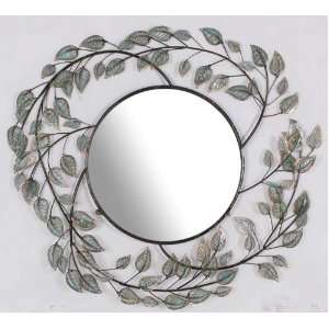   framed green and copper colored leaf patterned art déco wall mirror