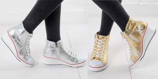 Womens Silver Shiny Sneakers Wedge Heel Shoes US 5~8  