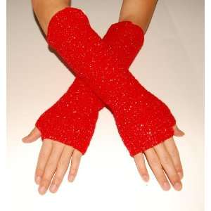  Fingerless Gloves handmade Knitted Wool long size Red 