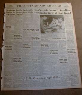 1957 newspaper RUSSIA LAUNCHES 1st SATELLITE into Orbit SPUTNIK Space 