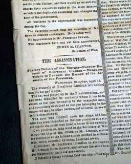 1865 ABRAHAM LINCOLN ASSASSINATION Civil War Ending in New York Times 