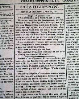 Rare CONFEDERATE Charleston SC Civil War 1864 Newspaper  