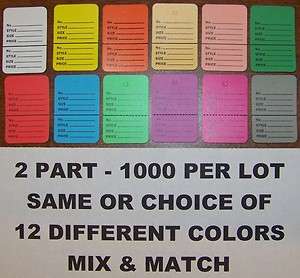 1000 PRICE TAGS SMALL 2 PART UNSTRUNG CHOICE OF12 COLORS MIX & MATCH 1 