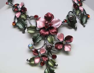 Red Enamel Flower Crystal Necklace Earrings Set s0461  