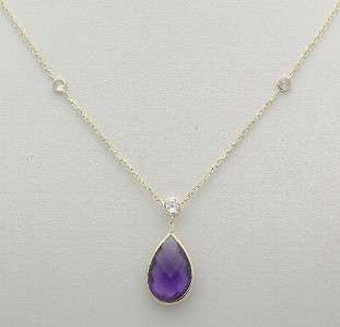 14K Yellow Gold Necklace/Pear Shape Amethyst & Czs 16  