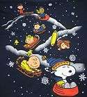 Peanuts Gang Snoopy Sled Sledding Navy Blue Shirt Winter Snow Flakes 