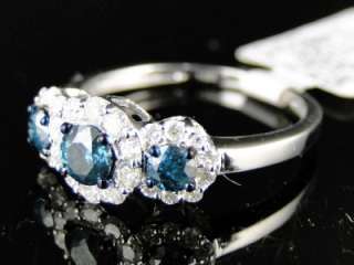   WHITE GOLD 3 STONE BLUE SOLITAIRE ROUND CUT DIAMOND RING 1.03  