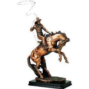 Cowboy on Rearing Horse with Lasso Statue 