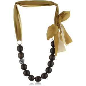  Sage Wood & Silk Ribbon Crystal Ball Gold Tone Necklace, 24 Jewelry