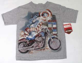 Harley Davidson Boys Captain America T Shirt   Kids Motorcycle Marvel 