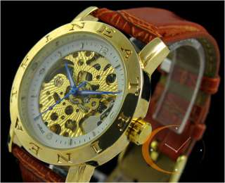   MENS AUTOMATIC MECHANICAL WATCH GOLD CASE GENUINE LEATHER  