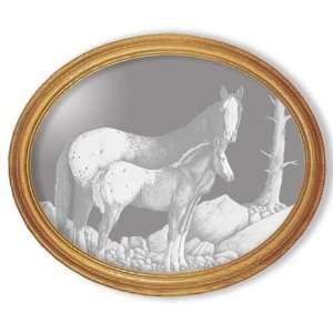  Etched Mirror Horse Art in Solid Oak Oval Frame
