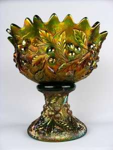 ACORN BURRS by NORTHWOOD ~ LOVELY GREEN CARNIVAL GLASS PUNCH BOWL 