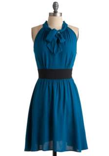 The Teal Deal Dress   Blue, Black, Solid, A line, Bows, Casual, Halter 