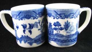 Pair VINTAGE Japan Blue Willow Coffee Mugs Nice Size/Decorated Handle 