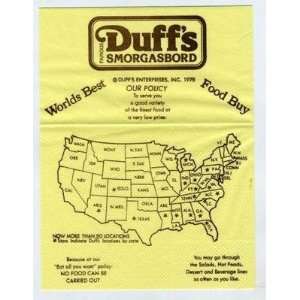  Famous Duffs Smorgasbord Restaurants Napkin 1980 
