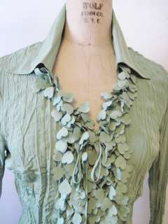 Violet & Claire Dusty Green Ruffled Crinkle Poly Vee Neck Button Shirt 