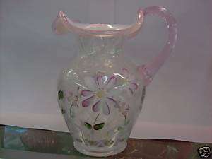 Fenton Handpainted French Opal/Pink Plaid Pitcher  