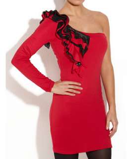 Red (Red) Papersun One Shoulder Ruffle Detail Dress  237564260  New 
