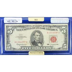  Series 1963 $5.00 Red Seal United States Note FR 1536 SGS 