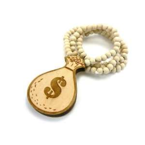   Dollar $ Money Bag Pendant w/36 Wood Ball Chain New NATURAL Jewelry