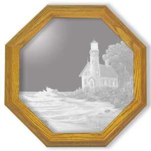 Etched Mirror Lighthouse Art in Solid Oak Frame 