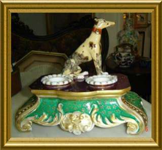    LARGE FRENCH OLD PARIS PORCELAIN INKWELL WITH DOG RARE  