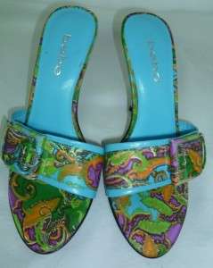  BLUE PAISLEYS SATIN WITH LEATHER SOLE HEELS/SHOES/PUMPS 7 USED  
