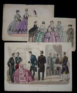 Toiletten Mode Damenkleid 3 kolor. Stahlstiche um 1860  