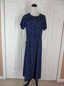 LL Bean Size 8 Petite Long Button Down Dress Blue Floral Short Sleeves 