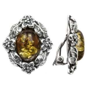 Baltic Dark Honey Amber Sterling Silver Floral Wreath Clip on Earrings