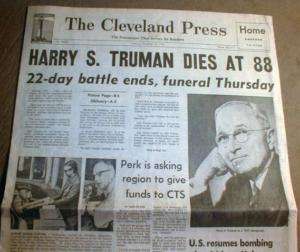 1972 newspaper hdlne w DEATH of President HARRY TRUMAN  
